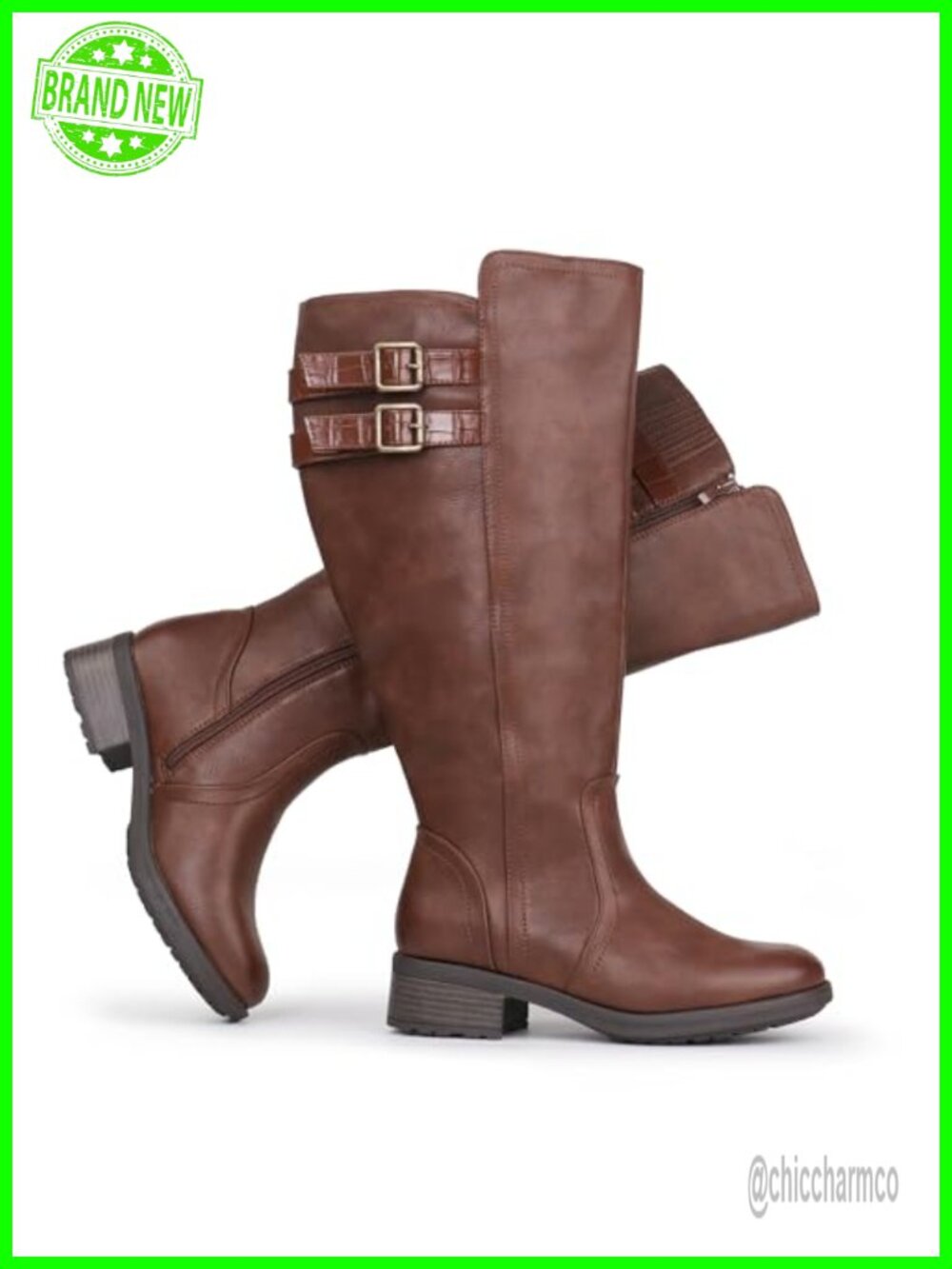 Extra Wide Calf Knee High Boots Block Heel Stacked Buckle Hidden Stretch
